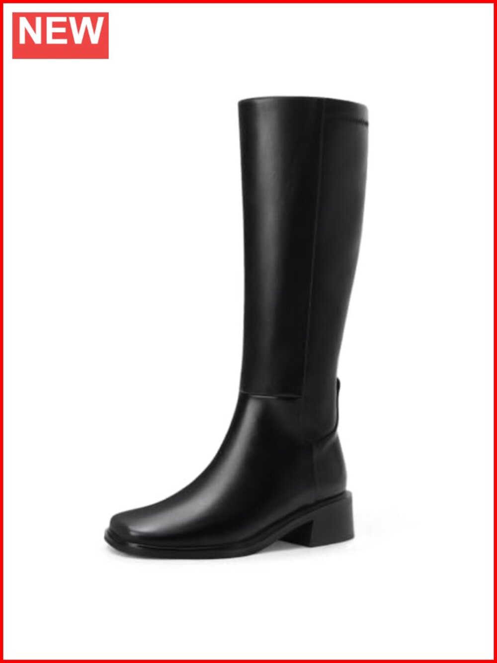 Faux Leather Knee High Boots Square Toe Low Block Heel Side Zip